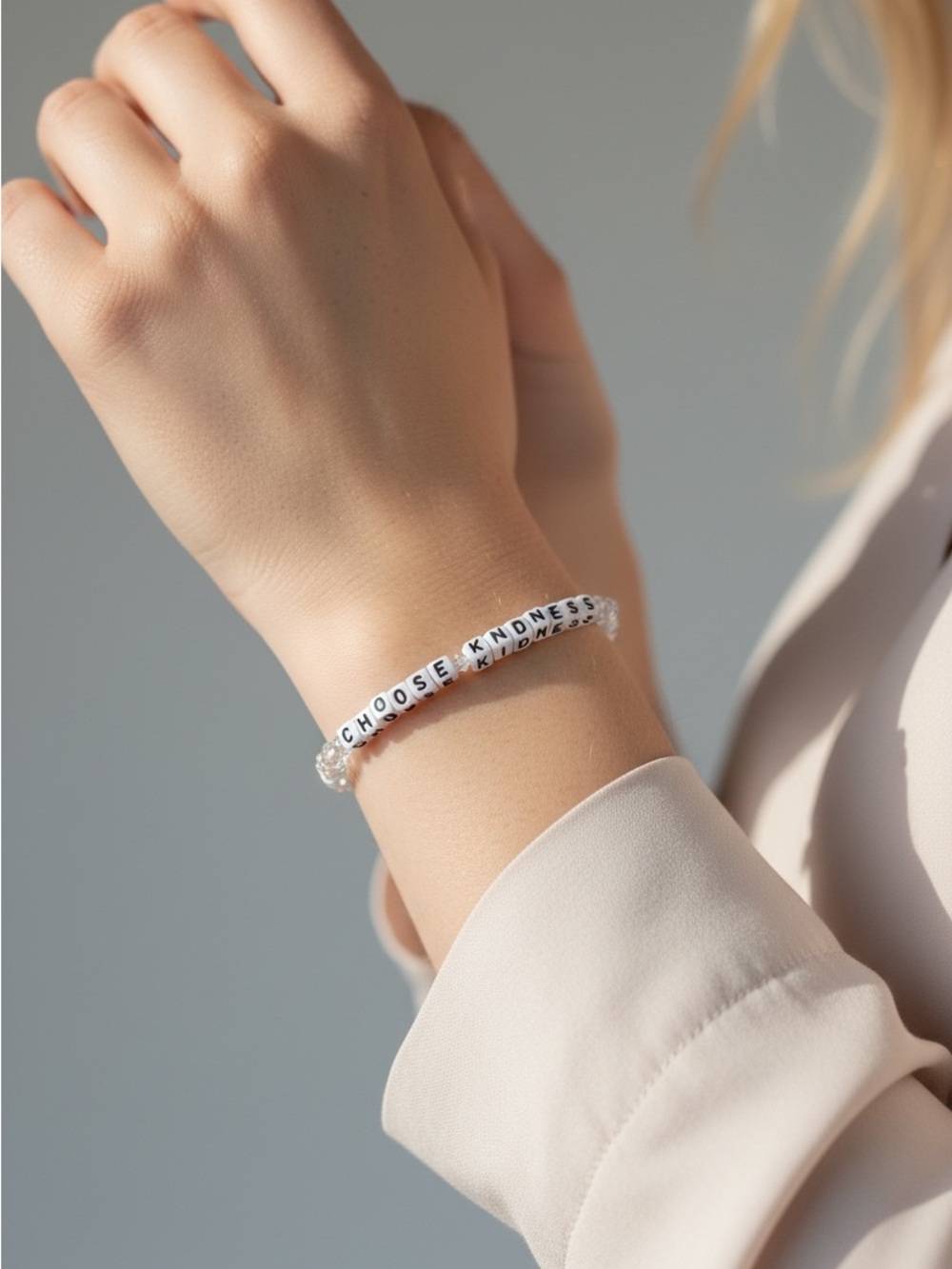 10/14 Choose Kindness White Beaded Bracelet - Inspirational Message